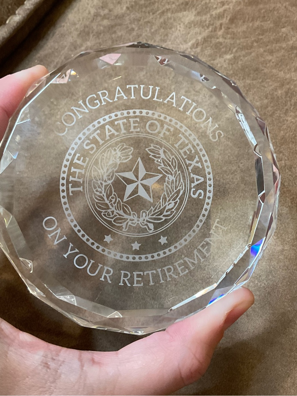 State of Texas Retirement Glass Paperweight